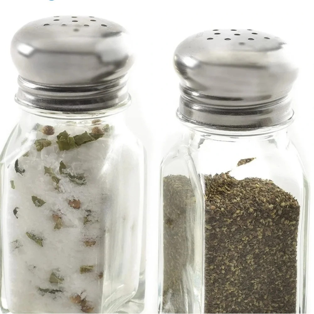 BN NOPRO 3oz CLASSIC RETRO GLASS SALT & PEPPER SHAKERS WITH STAINLESS STEEL CAPS